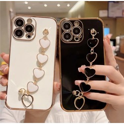 Apple iPhone Kalp Askılı El Zinciri Gold Çerçeveli Kılıf