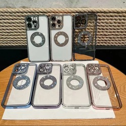 Apple IPhone Elmas Taş Süslemeli Kamera Korumalı Logo Açık Şeffaf Silikon Kılıf
