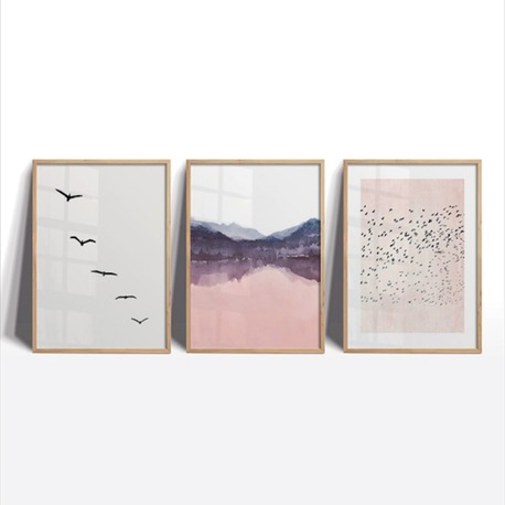 Minimalist Kuş ve Dağ Manzaralı Çerçeveli Tablo Seti