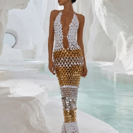 Kai White-Gold Crochet Sequin Dress