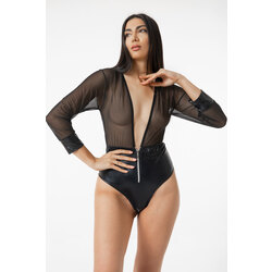 deri detaylı fermuarlı bodysuit