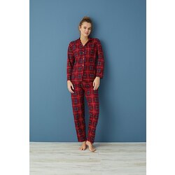 kışlık düğmeli ekose süet pijama takımı