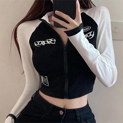 Beyaz Kollu Harajuku Streetsyle Sport Fermuarlı Crop Hırka
