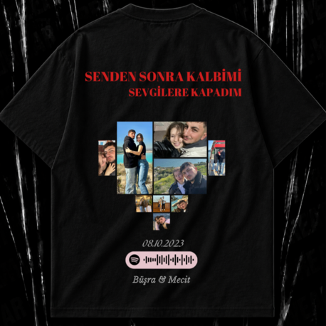 Kişiye Özel “Fotoğraflı Kalp Kolajı” baskılı siyah T-shirt