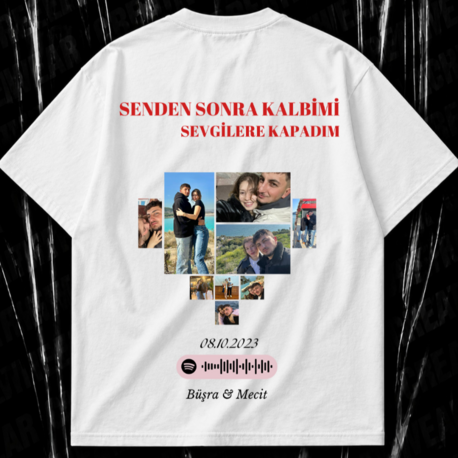 Kişiye Özel “Fotoğraflı Kalp Kolajı” baskılı beyaz T-shirt