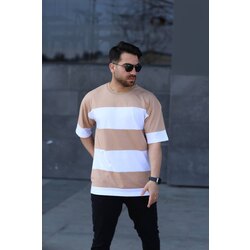 Parçalı Oversize Bej Beyaz T-shirt