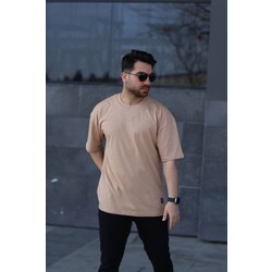 V Yaka Oversize Bej T-shirt