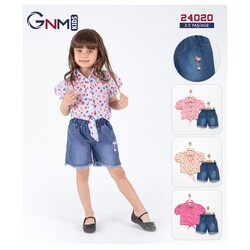 Desenli Kot Şortlu Kız Çocuk Takımları