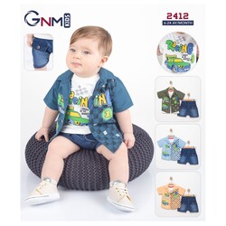  3 lü baskılı kot şortlu bebek takımları