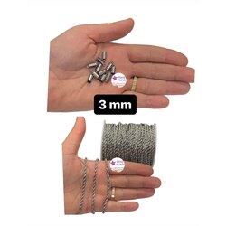 Çelik Gümüş rengi 3 mm Burgu Zincir + Çelik Kapsül