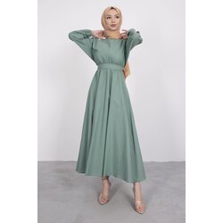 Kuşaklı Kloş Elbise Su Yeşili (Ücretsiz Kargo)