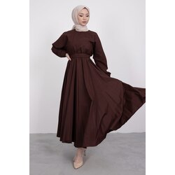 Kuşaklı Kloş Elbise Kahverengi (Ücretsiz Kargo)