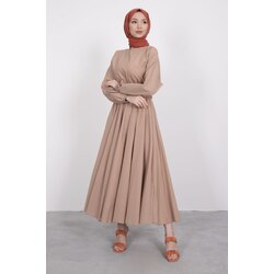 Kuşaklı Kloş Elbise Sütlü Kahve (Ücretsiz Kargo)