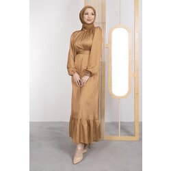 Mini Üçgen Desenli Kuşaklı Elbise Karamel (Ücretsiz Kargo)