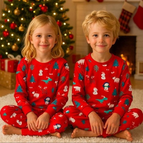 Erkek ve Kız Çocuk Yılbaşı Desenli Pijama Takımı