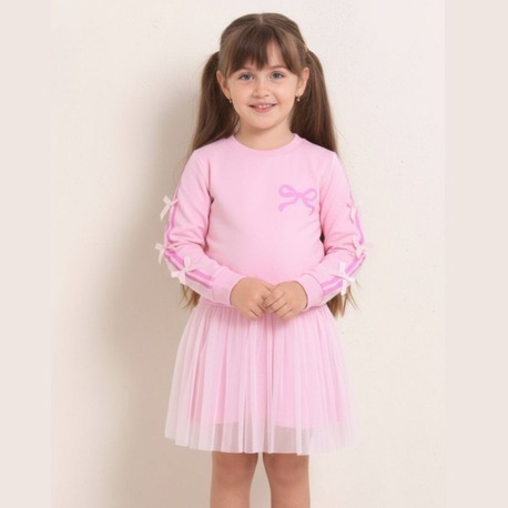 Kız Çocuk Pembe Kurdele Detaylı Tüllü Elbise