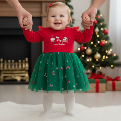 Yılbaşı Noel Temalı Kız Bebek Tül Etekli  Elbise