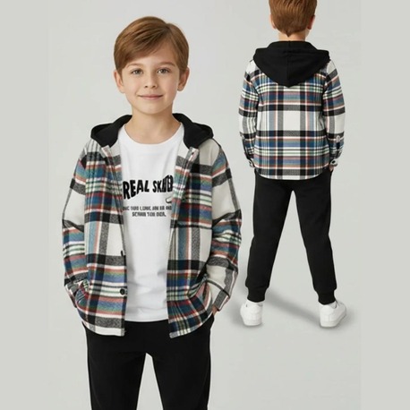 Erkek Çocuk Kapüşonlu Ekoseli Oduncu Gömlek Sweatshirt Eşofman Alt Üçlü Takım