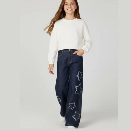 Kız Çocuk Yıldız Detaylı Bol Paça Wide Leg Jean Kot Pantolon