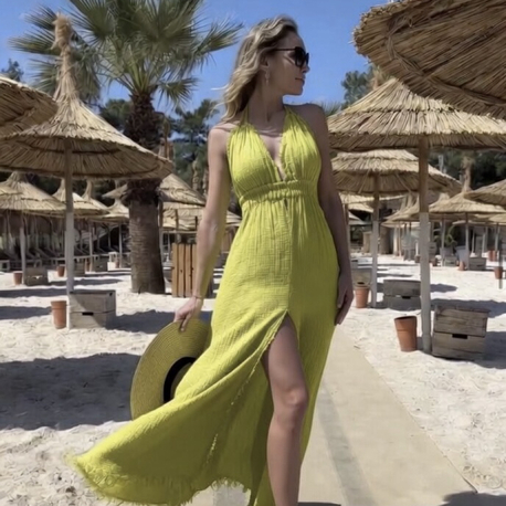 Müslin maxi elbise golden olive 3530
