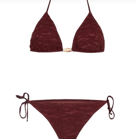 Boncuk aksesuarlı kahverengi dantel bikini takımı