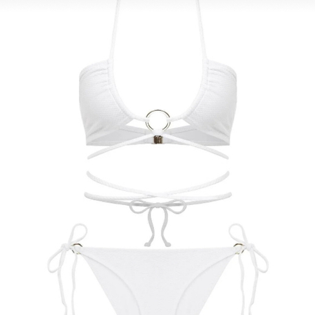 Aksesuarlı bağlamalı halter yaka dokulu bikini takımı