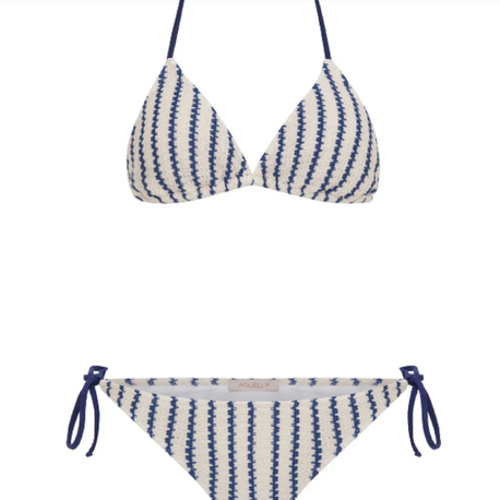 Lacivert çizgili ekru triko bikini takımı