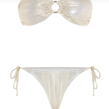 Tokalı piliseli gold parlak straplez bikini takımı
