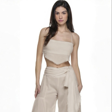 Müslin crop pantolon takım bej 6236-5245