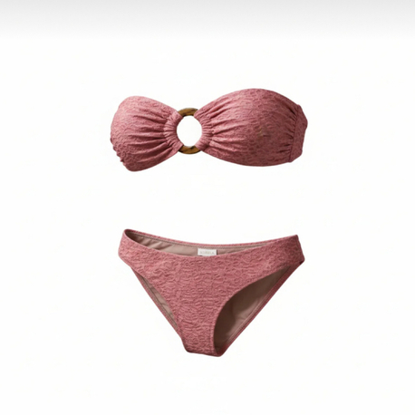 Toka aksesuarlı pembe dokulu straplez bikini takımı