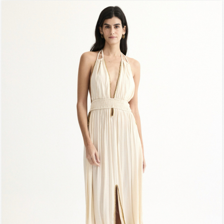 Gold boncuklu bej elbise Ld904