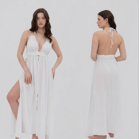 Müslin standart beden maxi elbise beyaz 3530