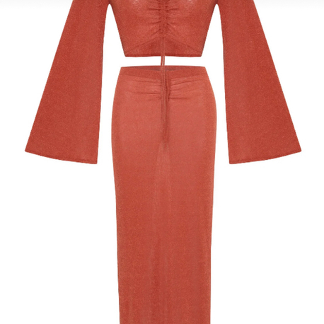 Simli mercan rengi büzgü detaylı Crop Top-Etek takım
