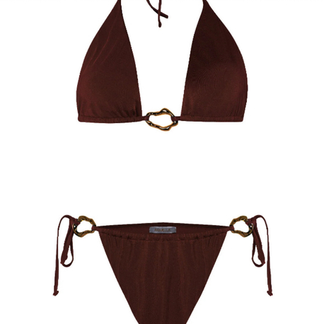 Aksesuarlı koyu kahve bikini takımı