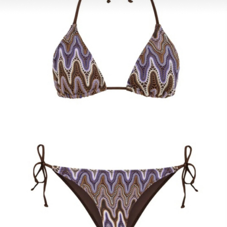 Arkası büzgülü kahverengi-mor triko bikini takımı