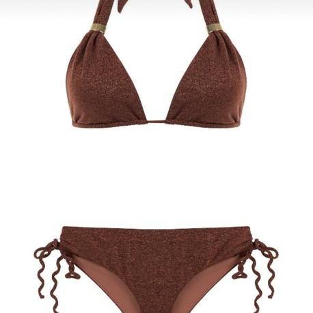 Toka detaylı uzun üçgen gold simli kahverengi bikini takımı