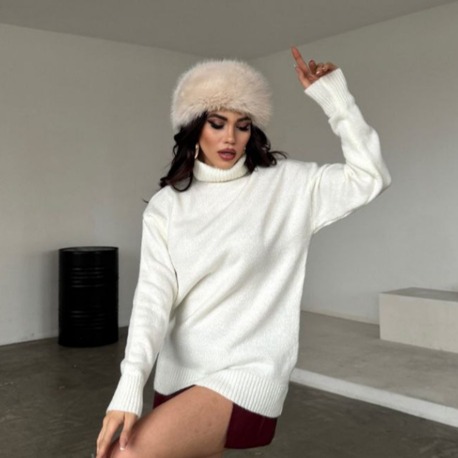Beyaz/Ekru Oversize Balıkçı Yaka Kazak