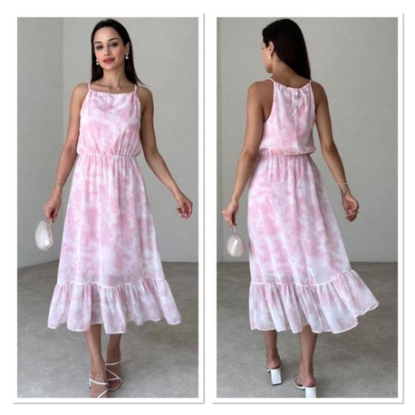 Batik Desenli Askılı Midi Elbise-PEMBE  ( GENİŞ KALIPTIR )