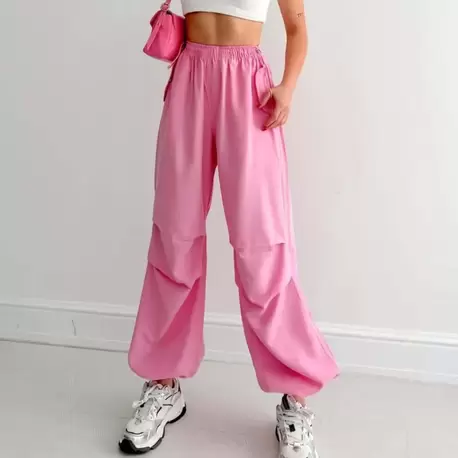 Yüksek Bel Büzgülü Paça Paraşüt Pantolon-Pembe