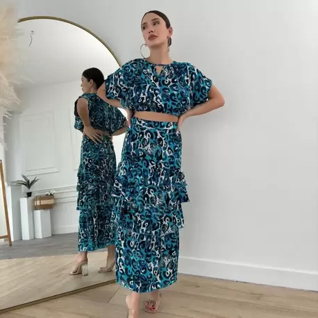 Leopar Desenli Volanlı Crop Top ve Etek Takım-Mavi 