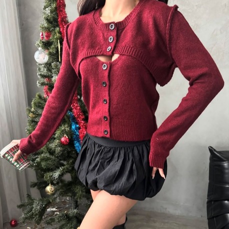 Omuz Dekolteli Bordo Triko Bolero Set