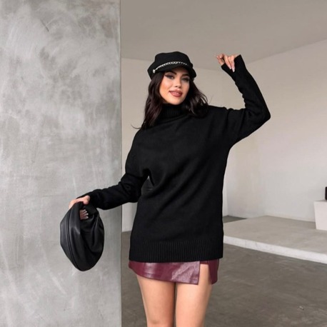 Siyah Oversize Balıkçı Yaka Tunik Kazak