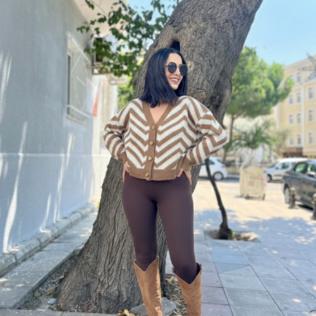 Camel & Ekru Zigzag Desenli Gold Düğmeli Triko Hırka