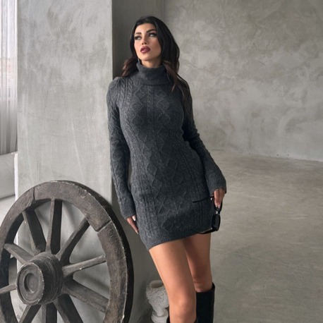  Füme Rengi Saç Örgü Triko Mini Elbise