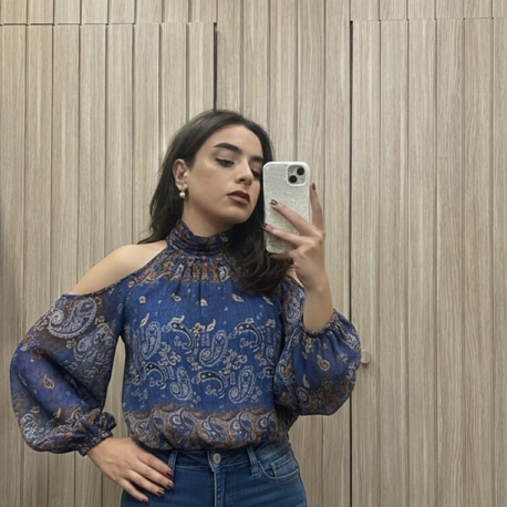 Omuz Dekolteli Bohem Esinti Şal Desen Bluz 