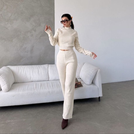 Ekru Fitilli Crop Triko Takım (Kazak ve Pantolon)