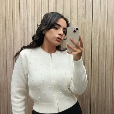  İnci Detaylı Fermuarlı Triko Hırka/Ceket