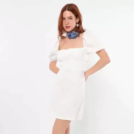 Sırtı Açık Büzgülü Mini Elbise-Beyaz 