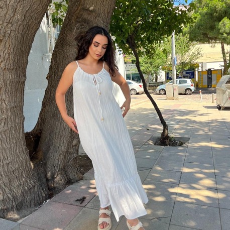  Büzgü Detaylı İp Askılı Katlı Maxi Elbise