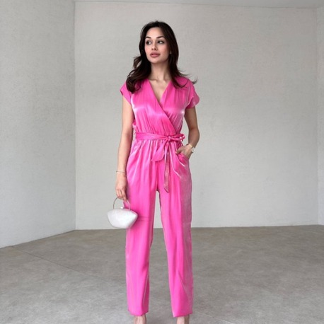 Parlak Kumaş Rahat Tulum-Pembe 